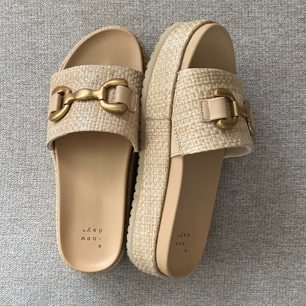 A New Day Natural Woven Platform Slide Sandals with Gold Buckle